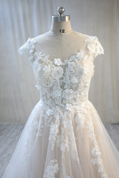 Blush Lining and Ivory Tulle Lace Wedding Dress