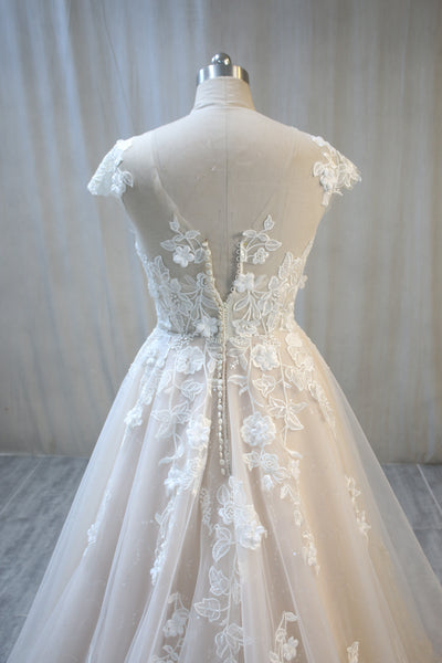 Blush Lining and Ivory Tulle Lace Wedding Dress