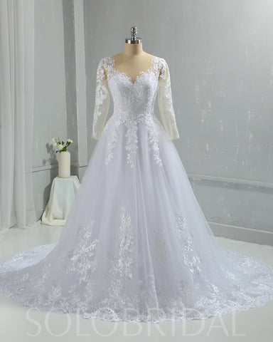 Sweetheart Cotton Lace Skin Color Bodice Long Sleeve Wedding Dress with Court Train