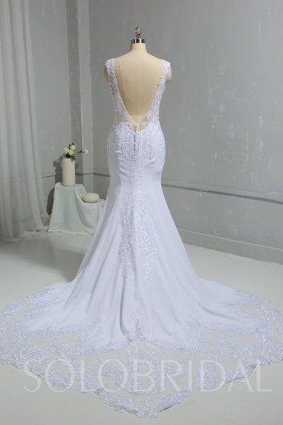 White Chiffon Mermaid Wedding Dress with Lace Train