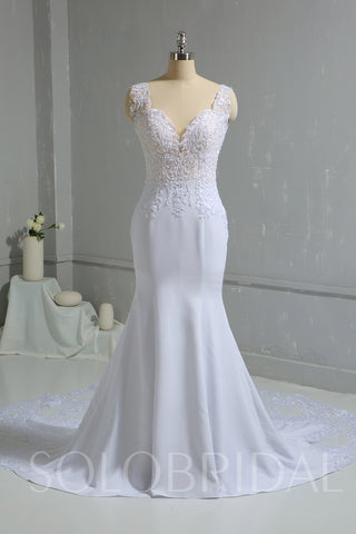 White Chiffon Mermaid Wedding Dress with Lace Train