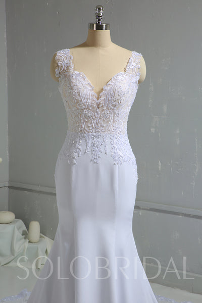 White Chiffon Mermaid Wedding Dress with Lace Train