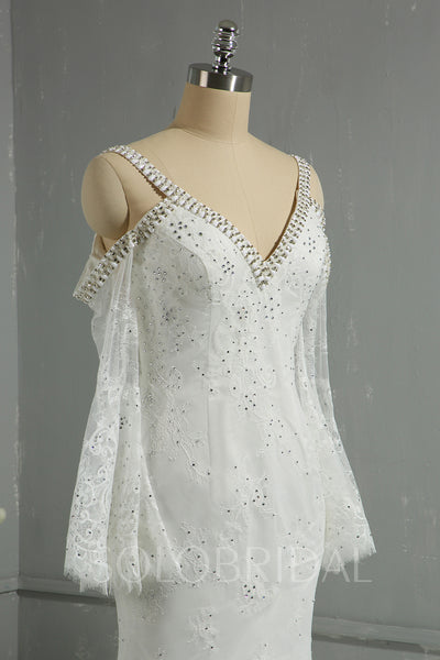 Ivory Light Lace Fully Diamond Sheath Wedding Dress