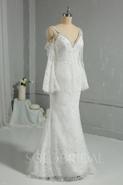 Ivory Light Lace Fully Diamond Sheath Wedding Dress