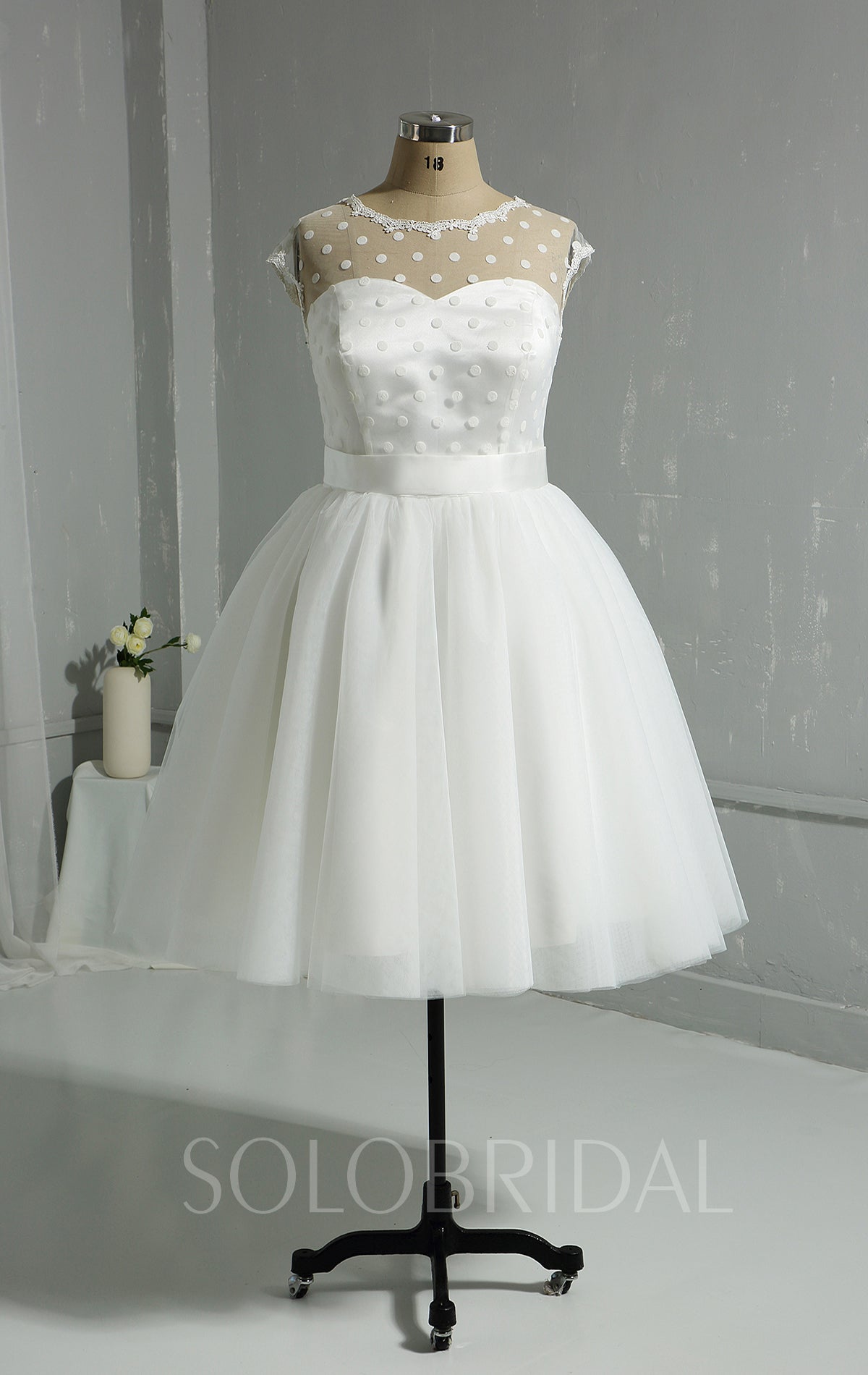 Tea Length Polka Dot Tulle Ivory Wedding Dress