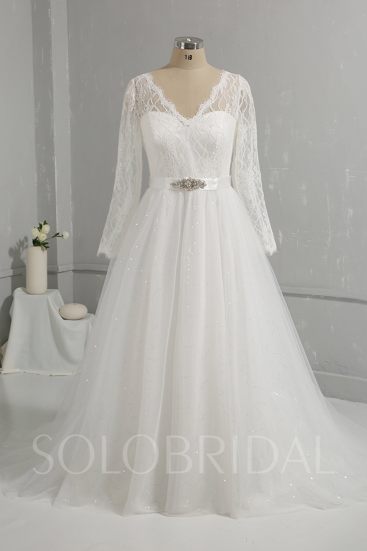 Light Ivory Lace Shiny Tulle Skirt Long Sleeve Wedding Dress