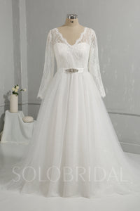 Light Ivory Lace Shiny Tulle Skirt Long Sleeve Wedding Dress