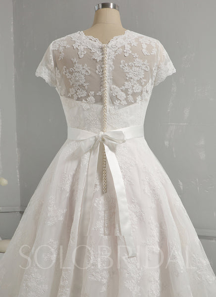 Classic Tea Length Wedding Dress Whole Piece Lace with Short Sleeves