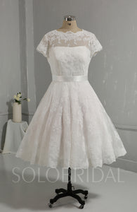 Classic Tea Length Wedding Dress Whole Piece Lace with Short Sleeves