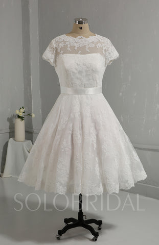 Classic Tea Length Wedding Dress Whole Piece Lace with Short Sleeves
