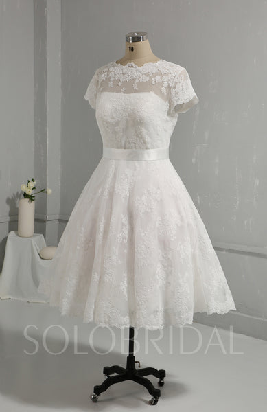 Classic Tea Length Wedding Dress Whole Piece Lace with Short Sleeves
