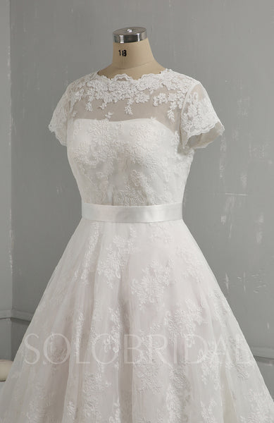 Classic Tea Length Wedding Dress Whole Piece Lace with Short Sleeves