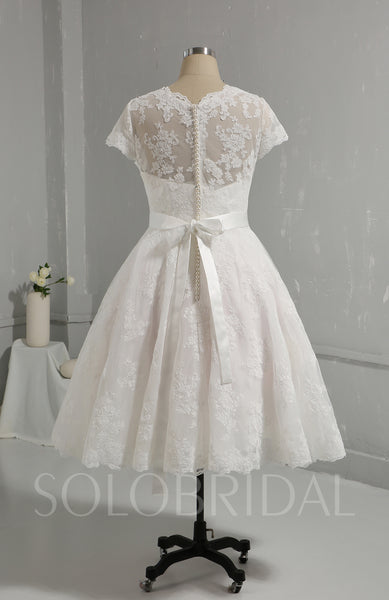 Classic Tea Length Wedding Dress Whole Piece Lace with Short Sleeves