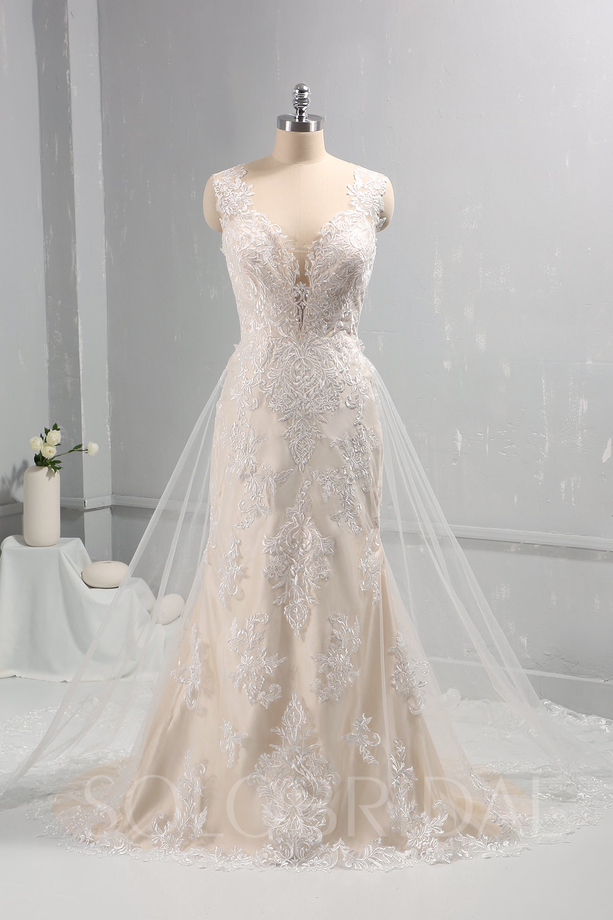 Ivory Lace Wedding Dress with Champagne Lining and Removable Lace Train
