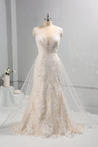 Ivory Lace Wedding Dress with Champagne Lining and Removable Lace Train