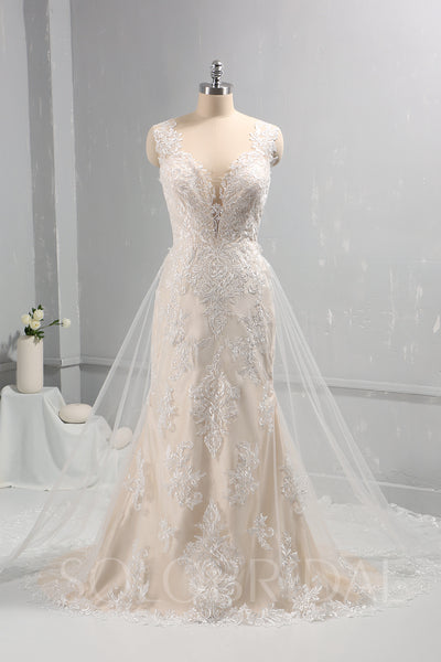 Ivory Lace Wedding Dress with Champagne Lining and Removable Lace Train