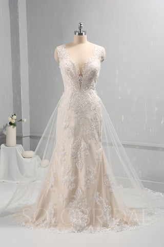 Ivory Lace Wedding Dress with Champagne Lining and Removable Lace Train