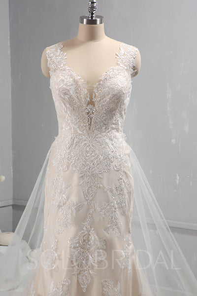 Ivory Lace Wedding Dress with Champagne Lining and Removable Lace Train