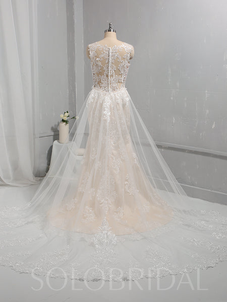 Ivory Lace Wedding Dress with Champagne Lining and Removable Lace Train