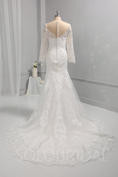 Ivory Mermaid Cotton Lace Wedding Dress with Long Sleeves