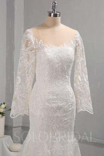 Ivory Mermaid Cotton Lace Wedding Dress with Long Sleeves