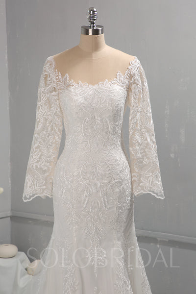 Ivory Mermaid Cotton Lace Wedding Dress with Long Sleeves