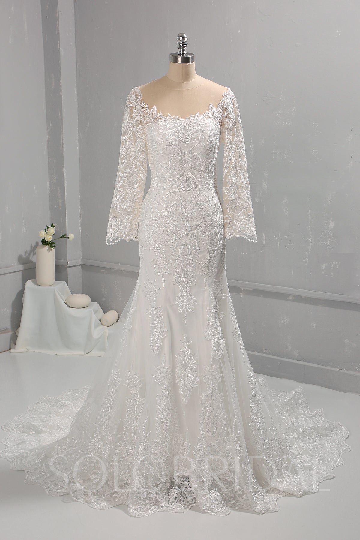 Ivory Mermaid Cotton Lace Wedding Dress with Long Sleeves