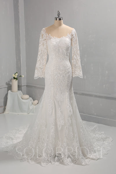 Ivory Mermaid Cotton Lace Wedding Dress with Long Sleeves