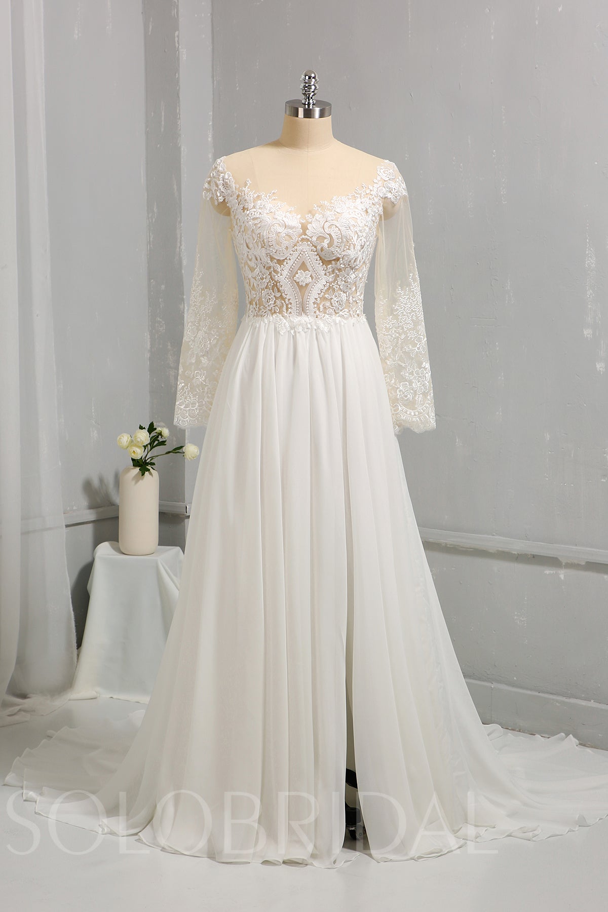 Ivory Chiffon Wedding Dress with Tulle Long Sleeves