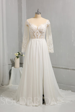 Ivory Chiffon Wedding Dress with Tulle Long Sleeves
