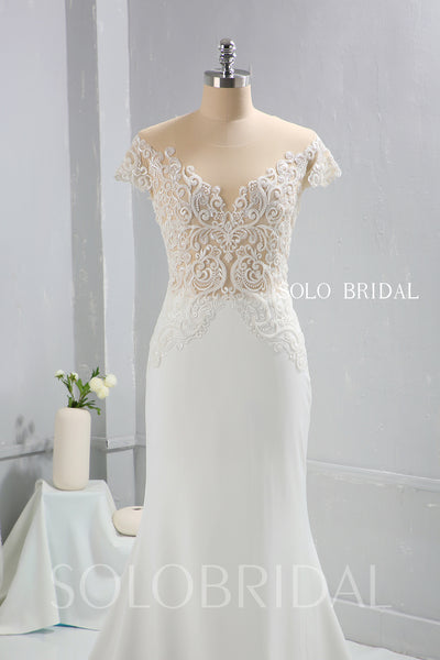 Ivory Crepe Fitted Wedding Dress with Fully beaded Sexy Bodice