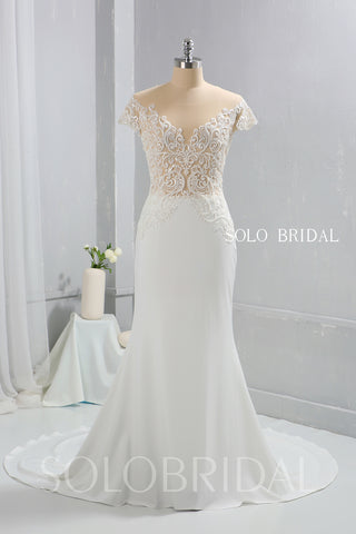 Ivory Crepe Fitted Wedding Dress with Fully beaded Sexy Bodice