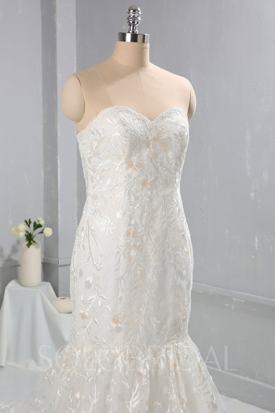 Ivory with Champagne Lace Wedding Dress with Cathedral Train