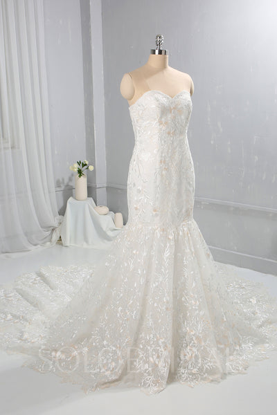 Ivory with Champagne Lace Wedding Dress with Cathedral Train