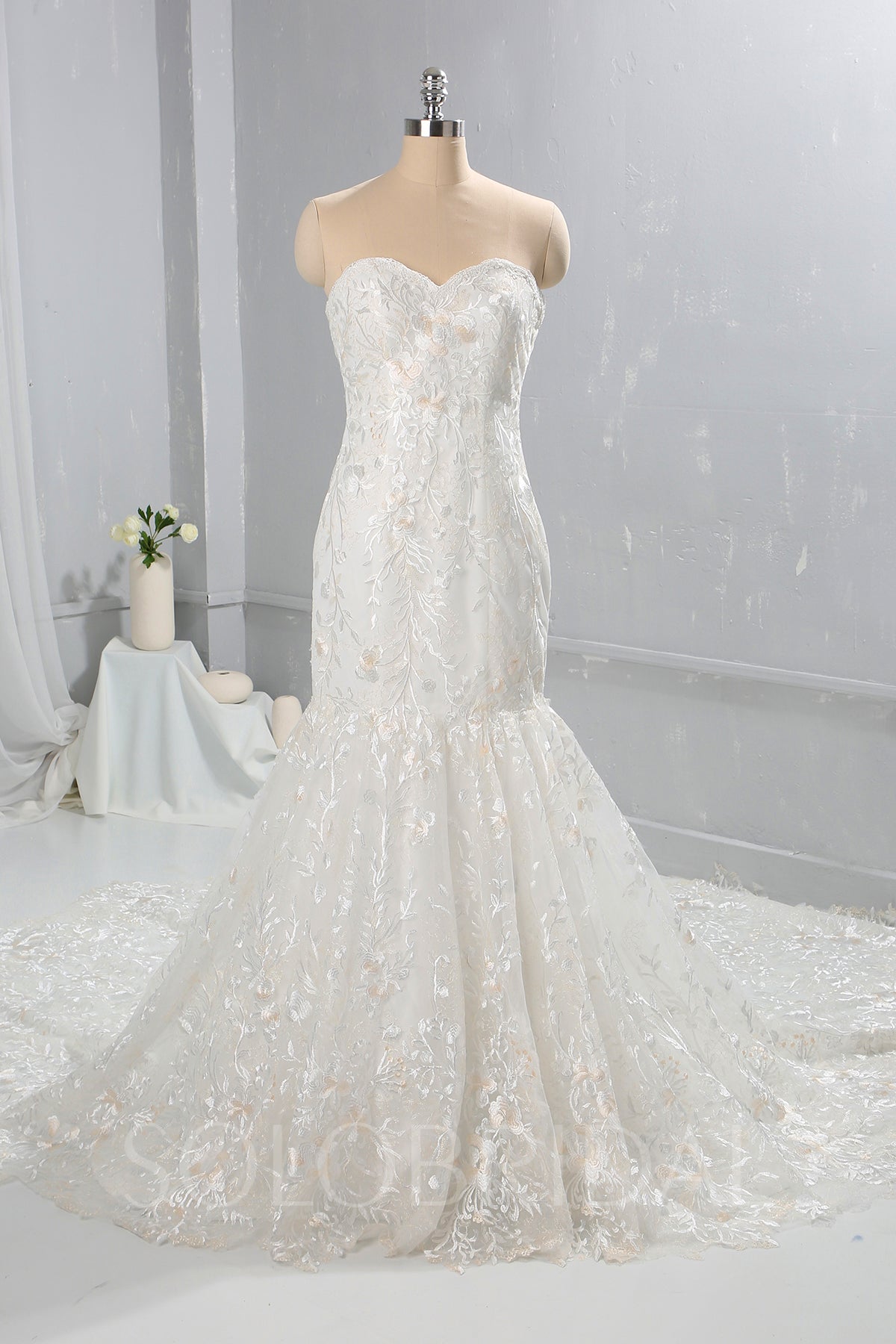 Ivory with Champagne Lace Wedding Dress with Cathedral Train