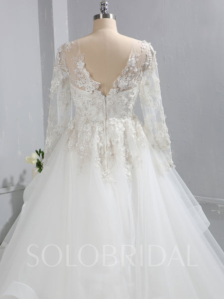 Ivory Lace Bodice Long Sleeve Wedding Dress with Ruffle Skirt and Catherdral Train