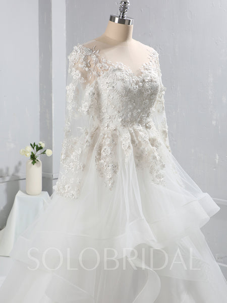 Ivory Lace Bodice Long Sleeve Wedding Dress with Ruffle Skirt and Catherdral Train