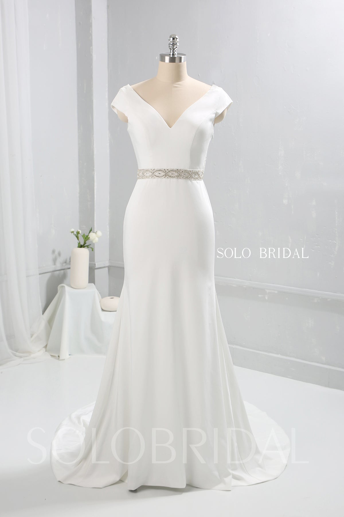Ivory Crepe Wedding Dress with Beaded Belt and Pearl Draped Back