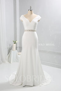 Ivory Crepe Wedding Dress with Beaded Belt and Pearl Draped Back