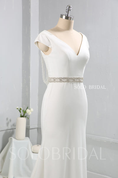 Ivory Crepe Wedding Dress with Beaded Belt and Pearl Draped Back