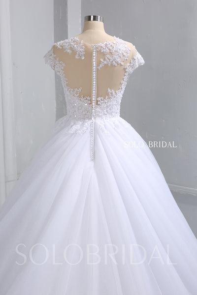 White Ball Gown Wedding Dress with Tulle Skirt and Plunging Neckline