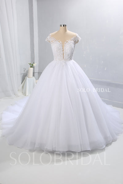 White Ball Gown Wedding Dress with Tulle Skirt and Plunging Neckline