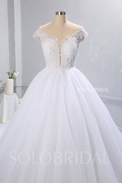 White Ball Gown Wedding Dress with Tulle Skirt and Plunging Neckline