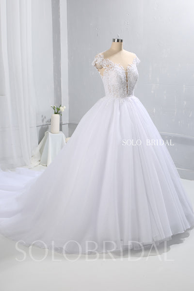 White Ball Gown Wedding Dress with Tulle Skirt and Plunging Neckline