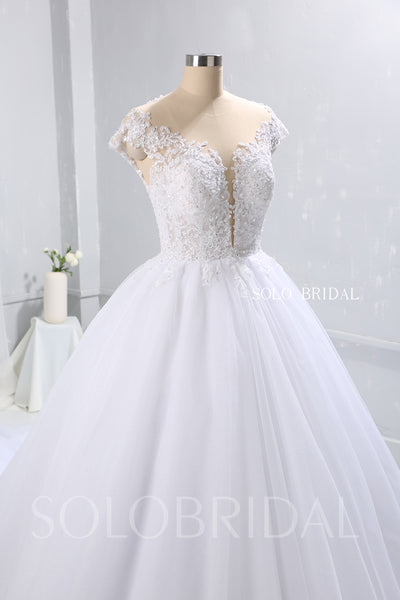 White Ball Gown Wedding Dress with Tulle Skirt and Plunging Neckline