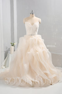 Champagne Tulle Ruffle Skirt Wedding Dress with Diamond Belt