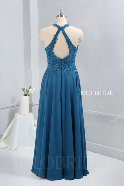 Teal Blue Chiffon Halter Neck Bridesmaid Dress