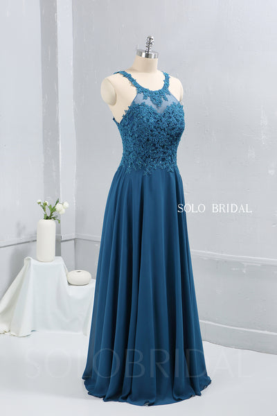 Teal Blue Chiffon Halter Neck Bridesmaid Dress
