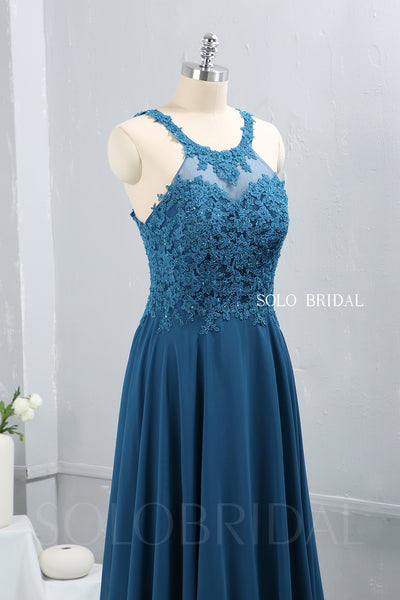 Teal Blue Chiffon Halter Neck Bridesmaid Dress