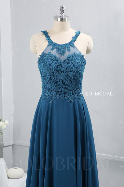 Teal Blue Chiffon Halter Neck Bridesmaid Dress